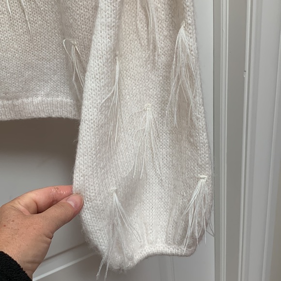 Halogen 🤍 Ostrich Feather Ivory Cream Off White Turtleneck Long Sleeve Sweater - Picture 3 of 14